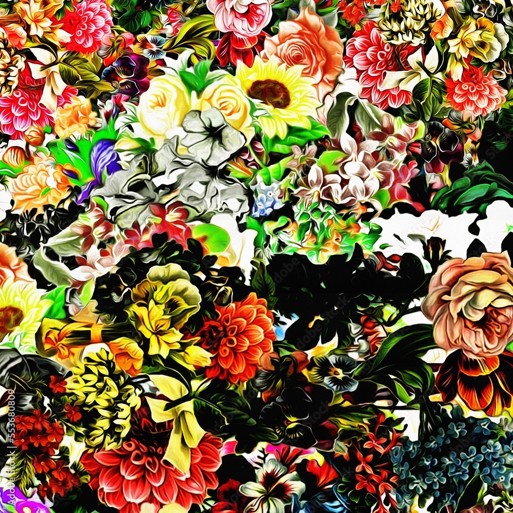 Poster Computer graphics of abstract floral psychedelic background stylization of colored chaotic stickers in the form of leaves