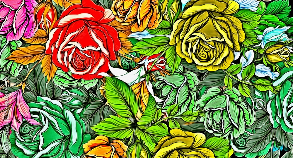 Poster computer graphics of abstract floral psychedelic background stylization of colored chaotic stickers 