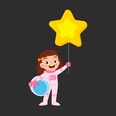 little kid wearing astronaut costume and holding balloon