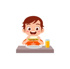 Foto op Aluminium little kid eating sandwich and feel happy © Colorfuel Studio