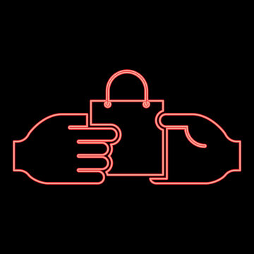 Neon hand passes the package to the other hand Hand pass bag other hand Concept commerce Idea trade Market subject Marketing red color vector illustration image flat style
