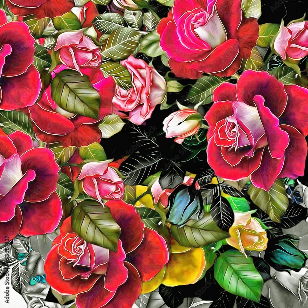 Poster computer graphics of abstract floral psychedelic background stylization of colored chaotic stickers 