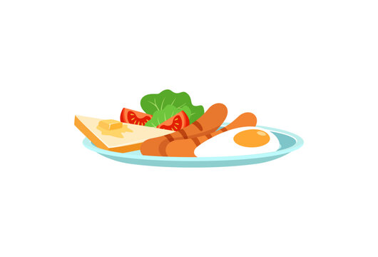 breakfast plate with egg, toast, sausage, tomatoes clip art preview