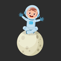 little kid wearing astronaut costume and sit on the little moon