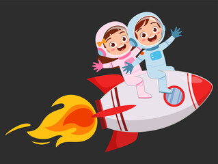little kid wearing astronaut costume and riding spaceship