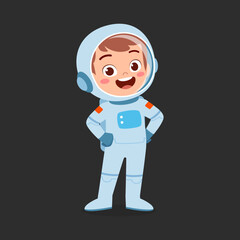 little kid wearing astronaut costume and feel happy