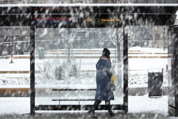 Waiting for the bus on a cold snowy day.