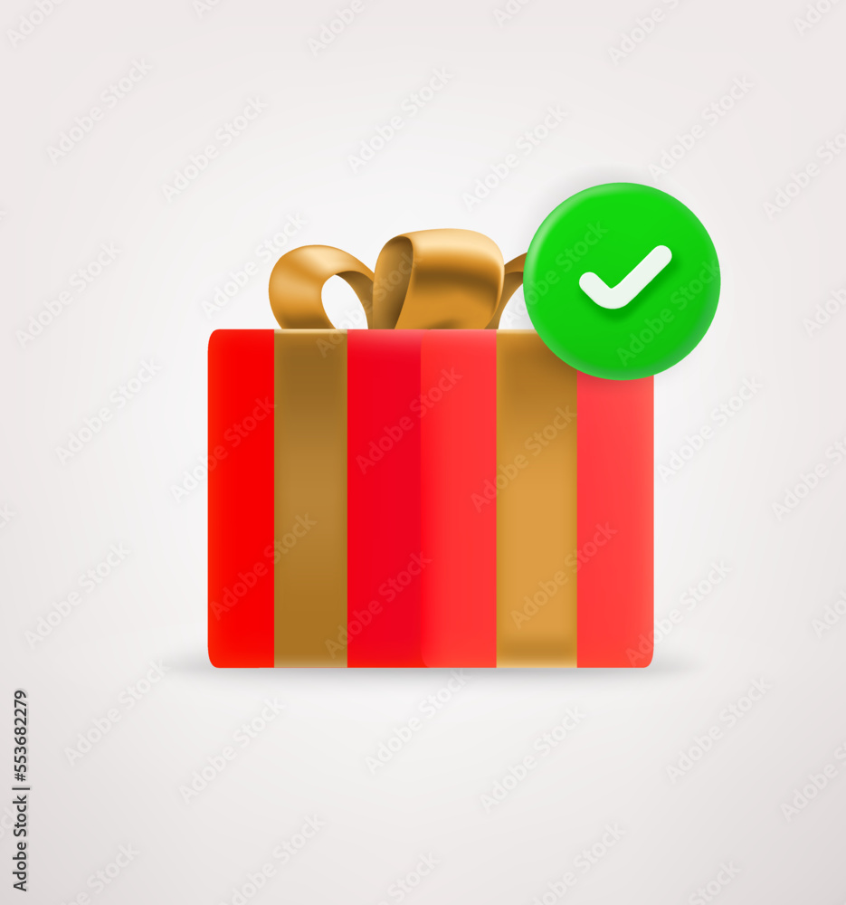 Poster box with green checkmark. 3d vector icon