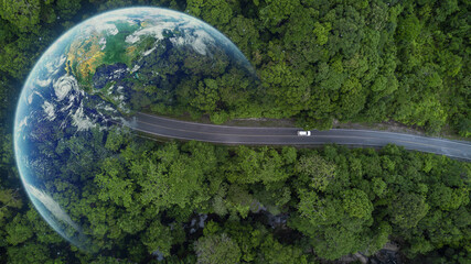 Electric car and EV electrical energy for environment, EV car on forest road with earth planet...