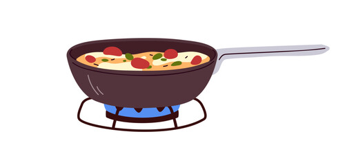 Omelette in frying pan, cook process in skillet. Cooking breakfast dish with vegetables on gas stove, cooker with burning fire. Omelet in frypan. Flat vector illustration isolated on white background