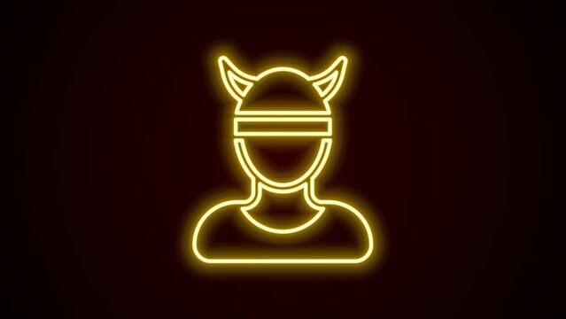 Glowing neon line Viking head icon isolated on black background. 4K Video motion graphic animation