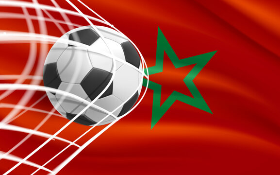 Realistic leather soccer ball in the net with flag of Morocco. 3d vector illustration 