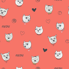 Seamless pattern with funny cat, signature meow and hearts. Perfect for kids. Made of vector illustrations in cartoon, sketch style