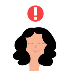 Portrait of woman. Idea exclamation point over head. Young girl face. Beautiful lady, female dreaming. Black hair. Brunette hairstyle. Cute cartoon funny character. Flat design. White background.