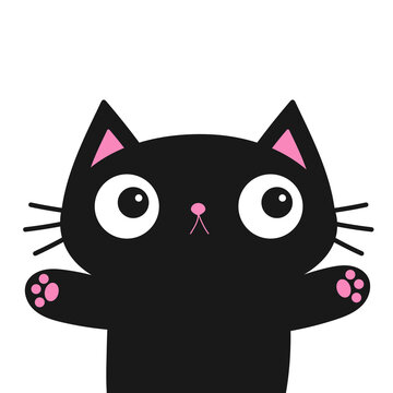 Black cat kitten hug. Pink paw print. Cute cartoon baby character. Funny face head silhouette. Happy Halloween. Meow. Kawaii animal. Pet collection. Flat design. White background.