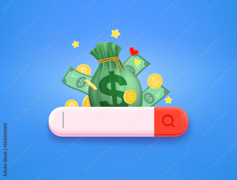 Poster Searching for money concept with search tab. 3d style vector illustration