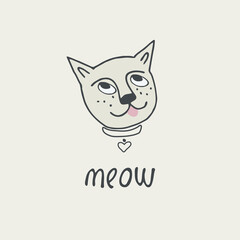 Print with funny cat, avatar, lettering meow and hearts. Valentine s day concept. Perfect for kids. Made of vector illustrations in cartoon, sketch style