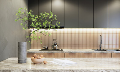 Mockup modern kitchen room interior design and decoration with built in counter and cabinet and close up marble island countertop. 3d rendering.