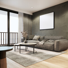 Living room interior design and decoration with fabric sofa grey carpet modern loft style. 3d rendering mockup apartment interior high floor.