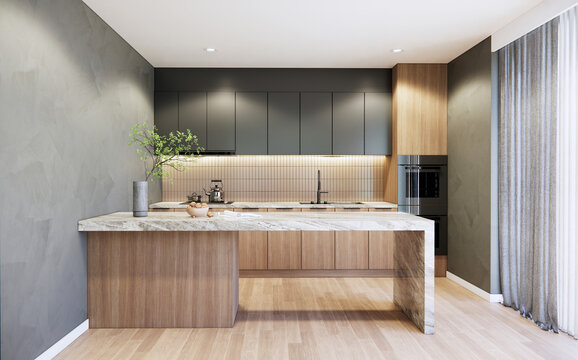 Mockup modern kitchen interior desing and decoration with built in counter lsland and cabinets, parquet floor and grey color concrete wall. 3d rendering.