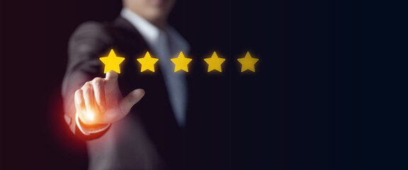 Businessman give rating to service experience, User Experience concept, Customer review...
