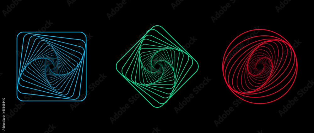 Poster set of twisted futuristic spirals. collection of wavy fractals. abstract wireframe linear tunnels. t