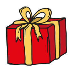 A hand-drawn red box with a yellow ribbon, a Christmas and New Year gift. Vector illustration on a white background