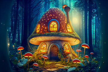 Fantasy fairytale house inside giant mushroom in fairytale forest, generative ai illustration