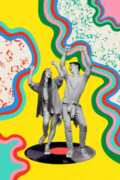 Creative photo 3d collage artwork postcard poster picture of two crazy people have fun chill vibe good mood isolated on painting background