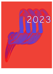 2023 text in blue and red color running along the paper