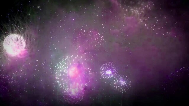 Realistic purple firework background for design christmas or new year template.
