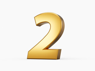 Naklejka premium Two, golden number 2 on white background 3d illustration