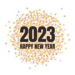 Fototapeta na wymiar Happy New Year 2023 poster with golden stars confetti. Vector design for flyers, posters, greeting cards.