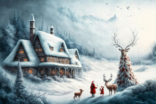 Fairytale, magic Christmas village with magic castles and snow. Holiday concept.