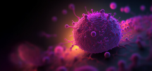 Tumor microenvironment concept with cancer cells, T-Cells, nanoparticles, cancer associated fibroblast layer of tumor microenvironment normal cells, molecules, and blood vessels 3d rendering - obrazy, fototapety, plakaty
