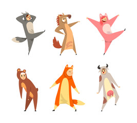 Man and Woman Dressed in Onesie Representing Various Animal Vector Set