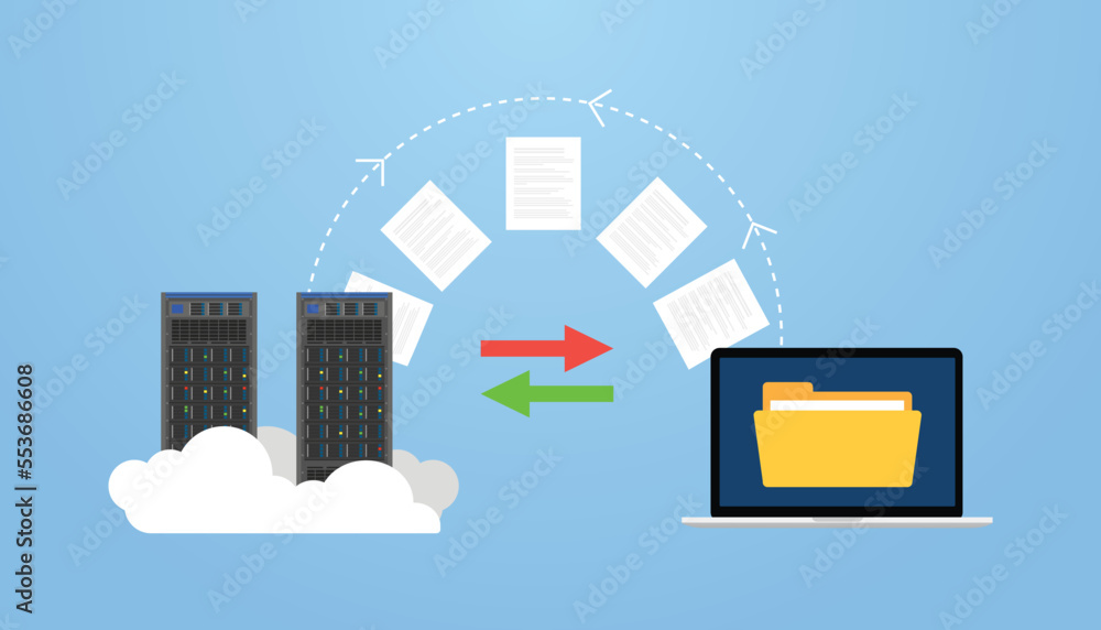 Poster data migration on server and computer with some transfer file concept with modern flat style