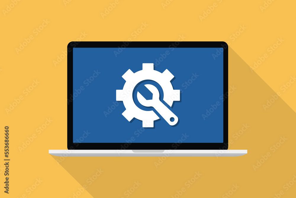 Poster system maintenance and troubleshooting concept with icon on front of laptop computer with long shado