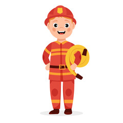 Firefighter kid. Cute little boy wearing fireman uniform. Cartoon vector illustration. 