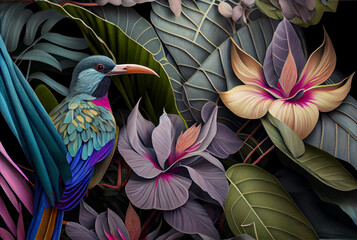 Abstract composition of various surreal tropical plants, flowers and birds.	