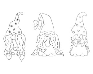A set of cartoon Christmas gnomes girls for coloring books. Linear design for children's coloring pages