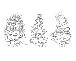 A set of cartoon Christmas gnomes with Christmas garlands for a coloring book