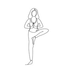 Fototapeta na wymiar Single line drawing of a girl standing in a yoga pose. Doodle illustration of relaxing workout.