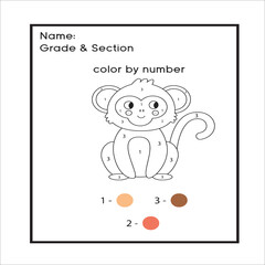 Color by numbers monkey. Puzzle game for children education, colors for drawing and learning mathematics