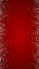Naklejka na ściany i meble Beautiful snowfall christmas background. Subtle flying snow flakes and stars on christmas red background. Beautiful snowfall overlay template. Vertical vector illustration.