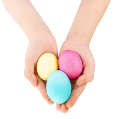 Hands holding colored painted easter eggs, isolated, white background