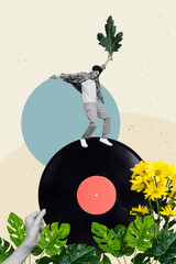 Vertical collage picture of black white gamma arm hold vinyl record small overjoyed guy dancing...