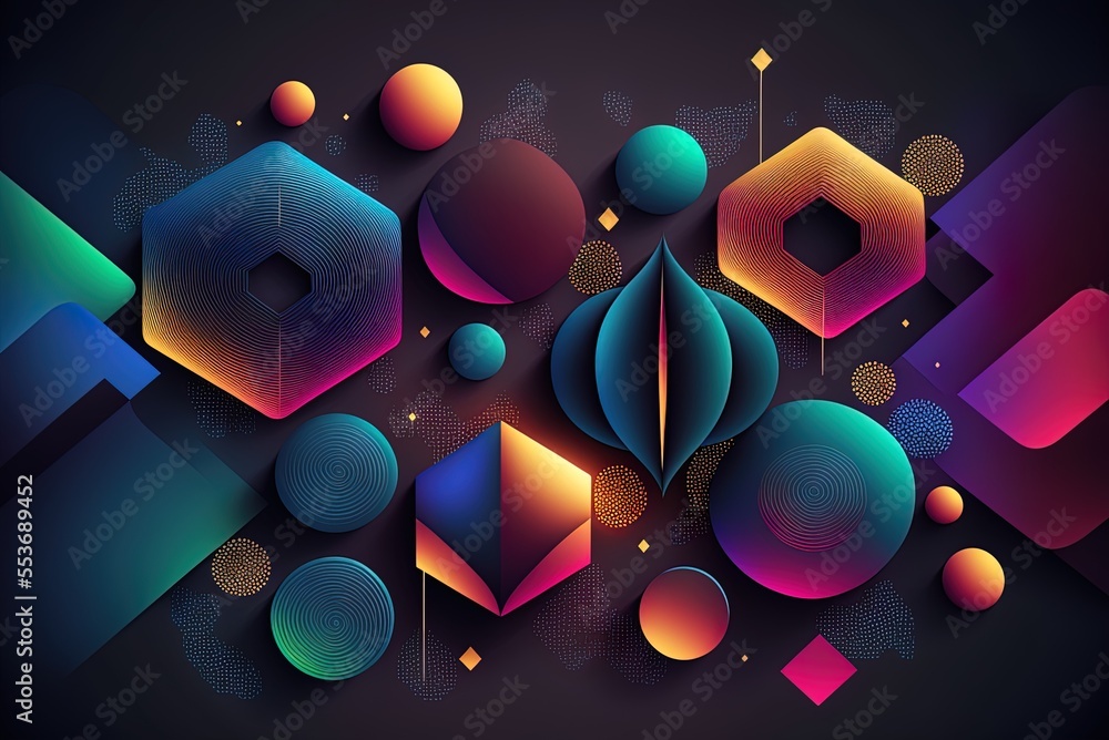 Poster pattern of geometric figures in gradations over a black backdrop generative ai