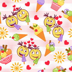 Funny colorful pattern with ice cream, crazy emoji love couple, sun icon, halftone shapes, hearts. Simple minimal style. For prints, clothing, t shirt design