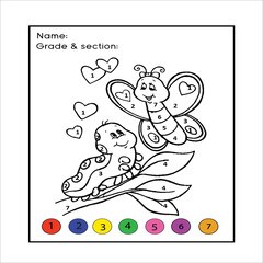 Fototapeta premium funny coloring by numbers game. Vector illustration coloring by numbers game with cartoon butterfly for kids